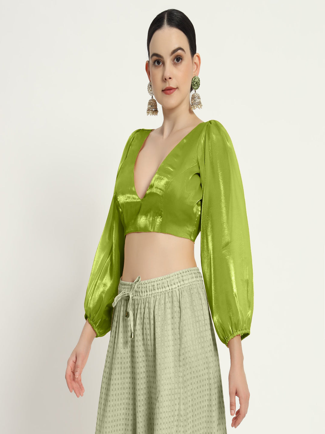 neon V neck full sleevs Blouse with organza fabric