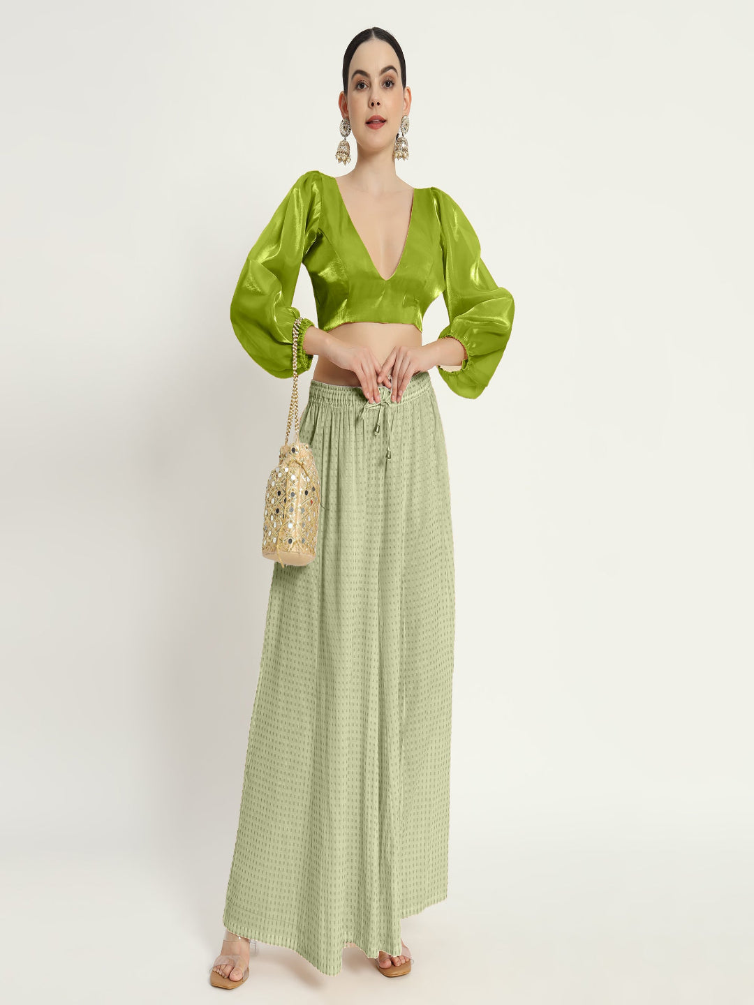neon V neck full sleevs Blouse with organza fabric