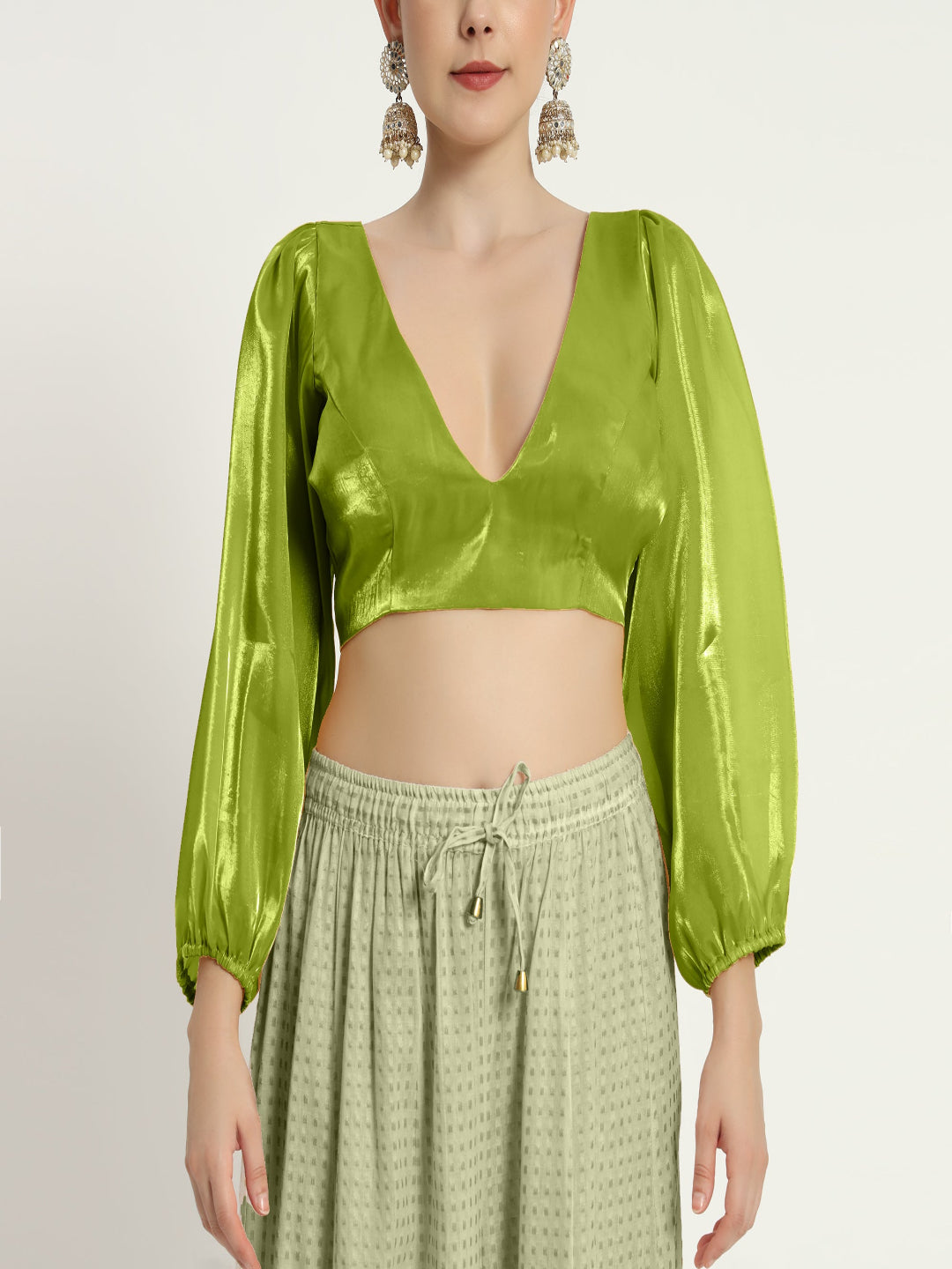 neon V neck full sleevs Blouse with organza fabric