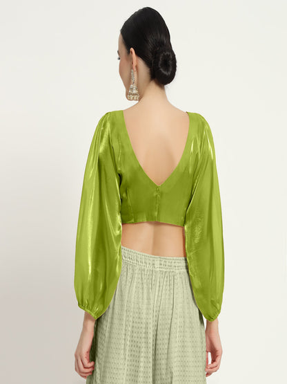 neon V neck full sleevs Blouse with organza fabric