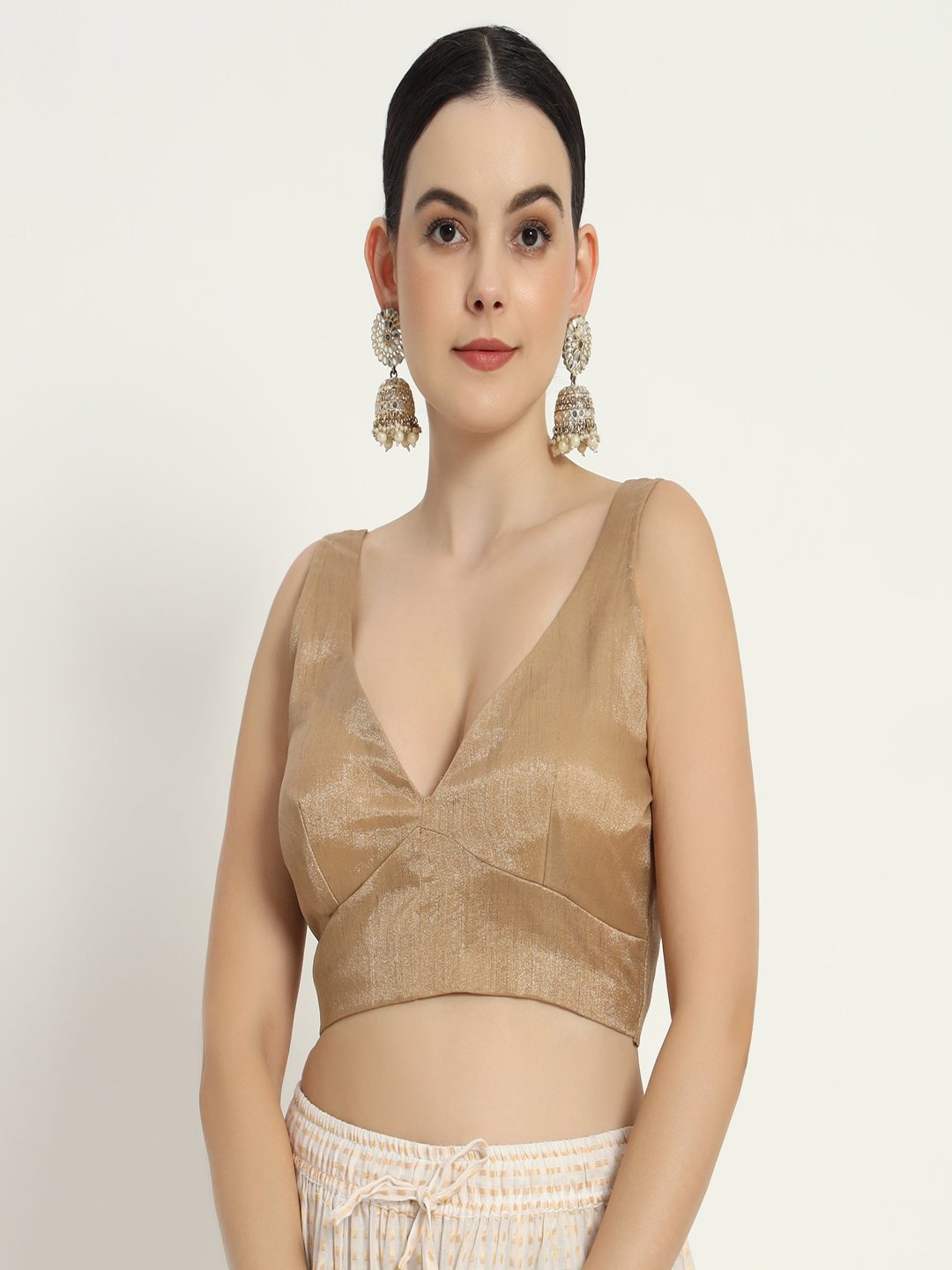 Adaa Bazaar Women's Readymade Golden V Neckline With Cut Sleeves