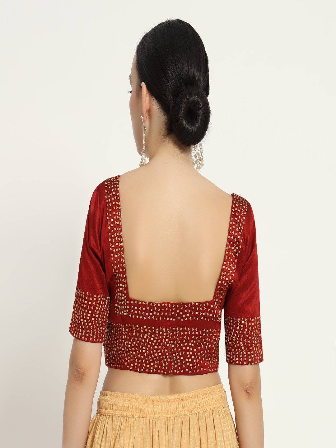 Adaa Bazaar Women's Handmade Red Blouse With Stone Work Half Sleeves