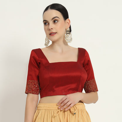 Adaa Bazaar Women's Handmade Red Blouse With Stone Work Half Sleeves