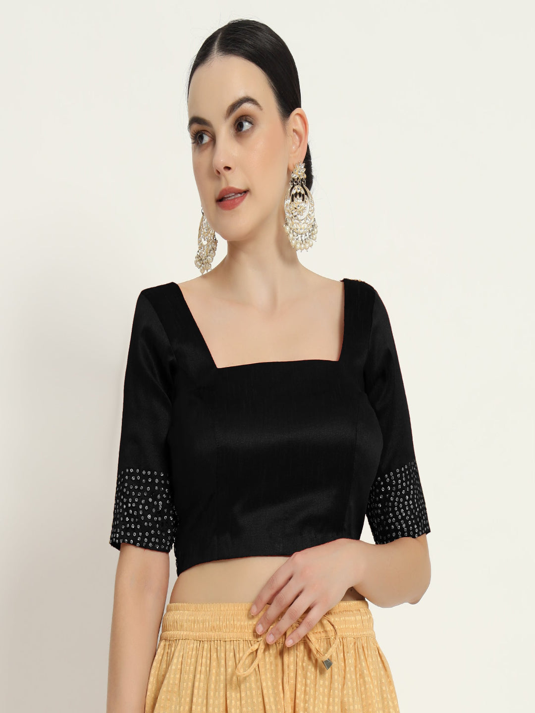 Adaa Bazaar Women's Handmade Black Blouse With Stone Work Half Sleeves