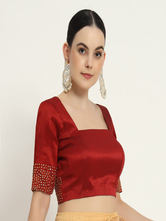 Adaa Bazaar Women's Handmade Red Blouse With Stone Work Half Sleeves