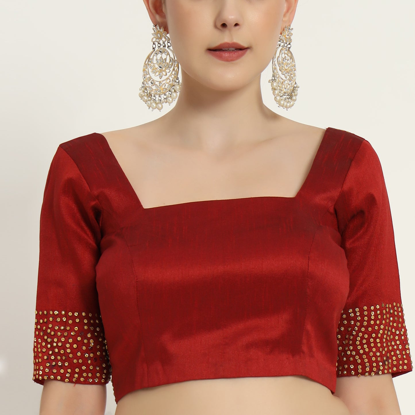 Adaa Bazaar Women's Handmade Red Blouse With Stone Work Half Sleeves