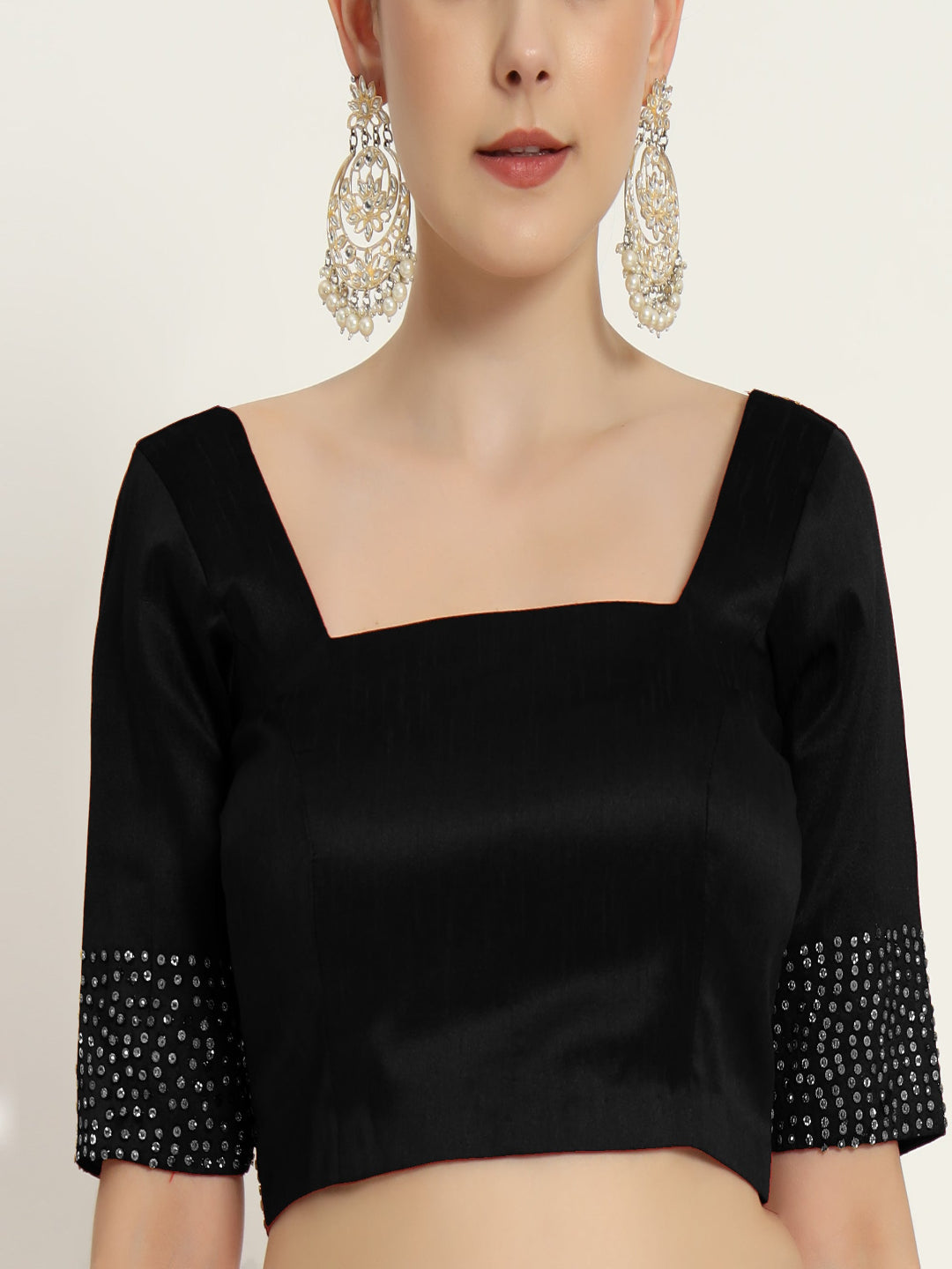Adaa Bazaar Women's Handmade Black Blouse With Stone Work Half Sleeves