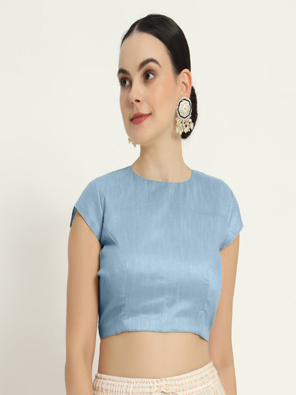 Baby blue pad blouse with sleevs and  front 0 neck design