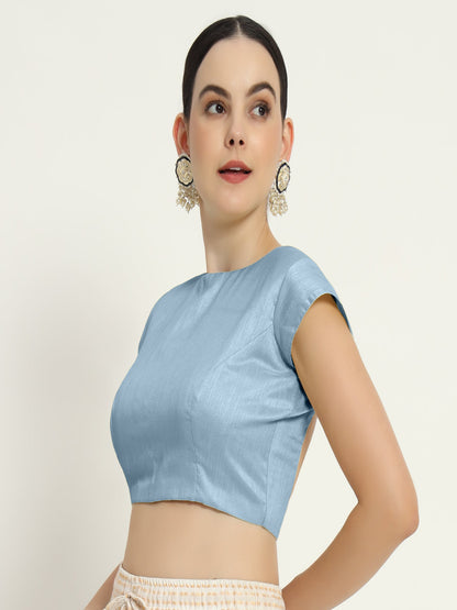 Baby blue pad blouse with sleevs and  front 0 neck design
