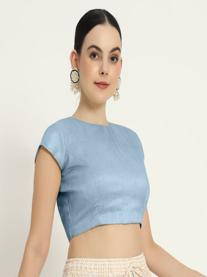 Baby blue pad blouse with sleevs and  front 0 neck design