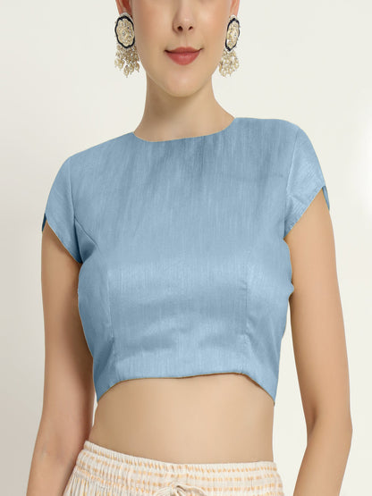Baby blue pad blouse with sleevs and  front 0 neck design