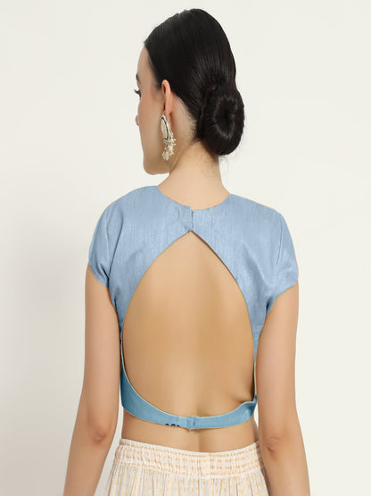 Baby blue pad blouse with sleevs and  front 0 neck design