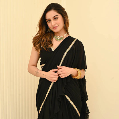 Adaa Bazaar Women's  Black Georgette Draped Saree With Stitched Blouse