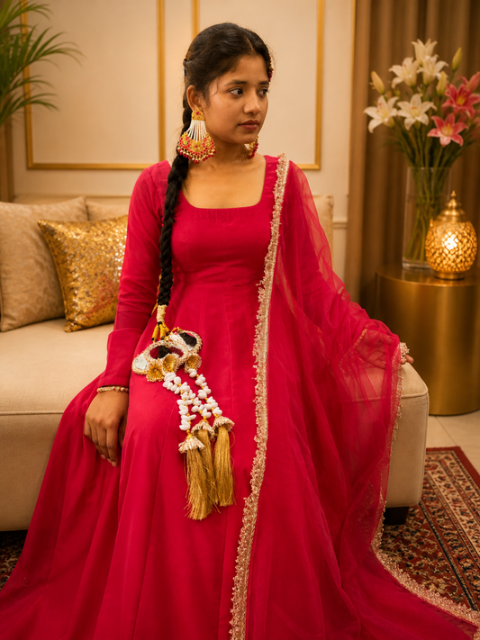 Adaa Bazaar Women's Readymade Anarkali Suit (Maganta ) With Dupatta