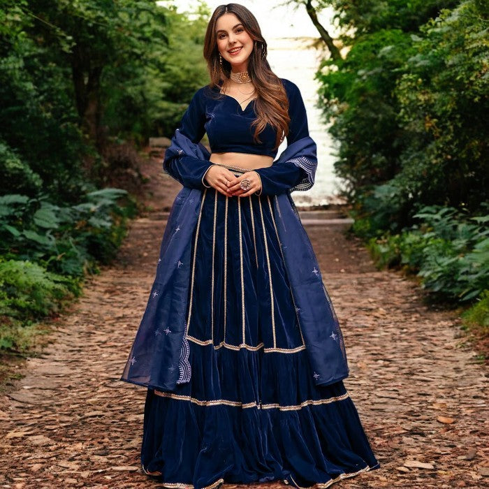 Adaa Bazaar Women's Blue Velvet Lehenga Set With Gotta Patti Work