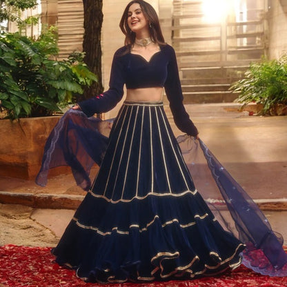 Adaa Bazaar Women's Blue Velvet Lehenga Set With Gotta Patti Work