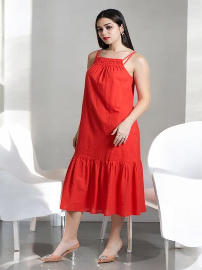 Adaa Bazaar Women's Cotton Coral Midi Dress