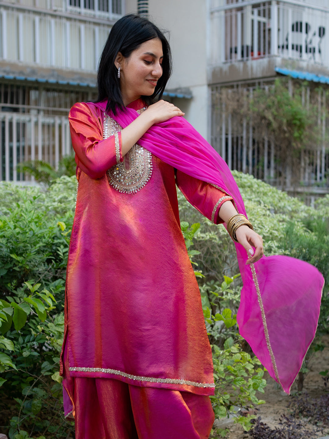 Adaa Bazaar Women's Pink Sequin and Mirror Work Suits With Dupatta