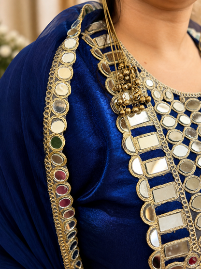 Adaa Bazaar Women's Royal Blue Colour Sequin and Mirror Work Suits With Dupatta