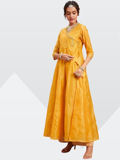 Adaa Bazaar Women's Angrakha Chanderi Silk Anarkali Kurta | Yellow Yoke | Design Embroidered