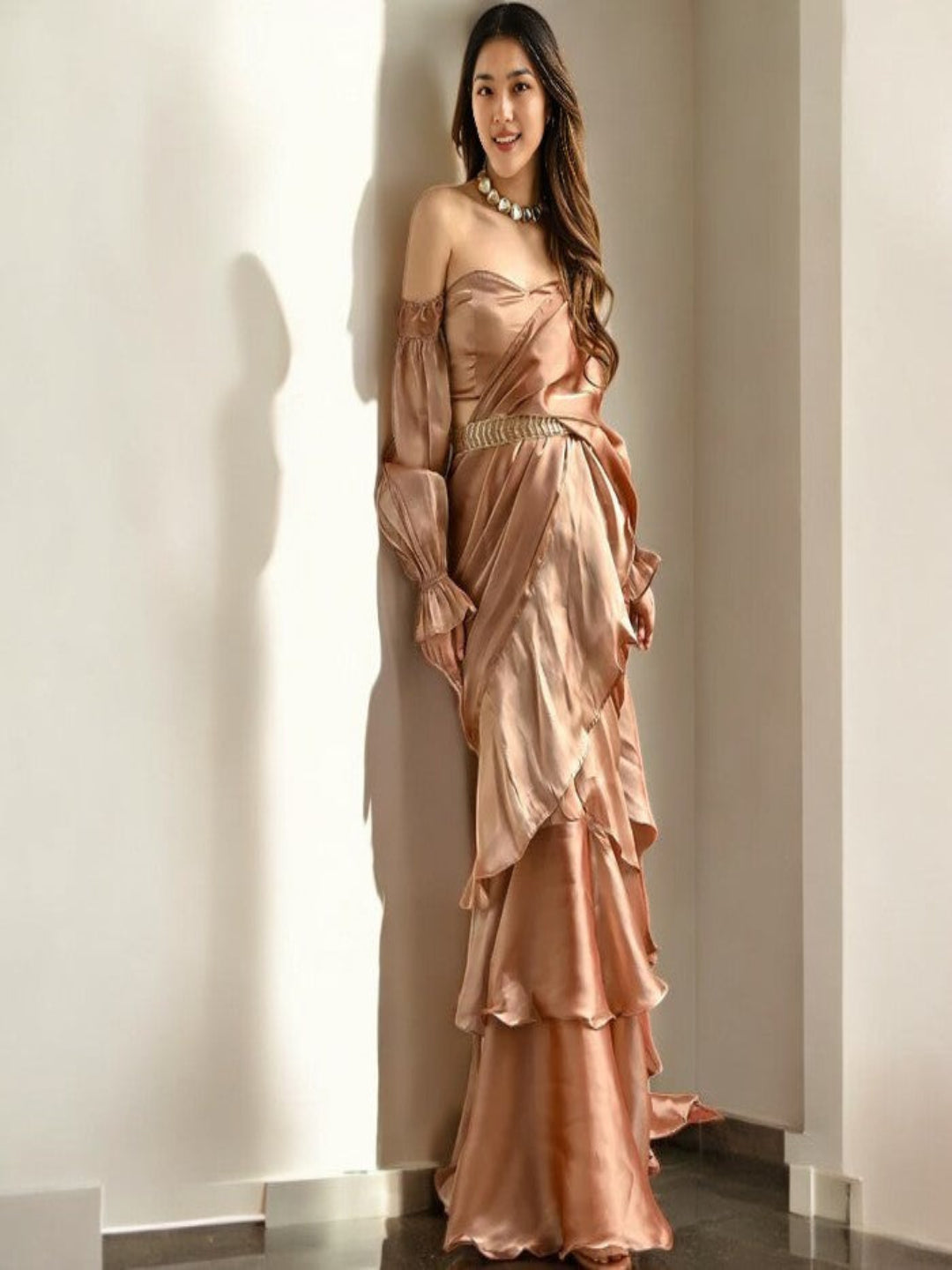 Adaa Bazaar Women's Indo-Western Ready to Wear Saree With Stitched Blouse