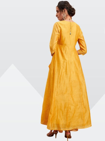 Adaa Bazaar Women's Angrakha Chanderi Silk Anarkali Kurta | Yellow Yoke | Design Embroidered