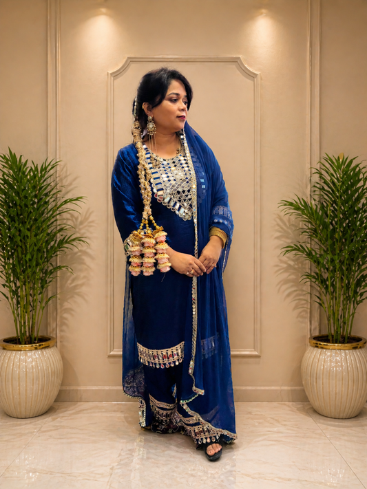 Adaa Bazaar Women's Royal Blue Colour Sequin and Mirror Work Suits With Dupatta