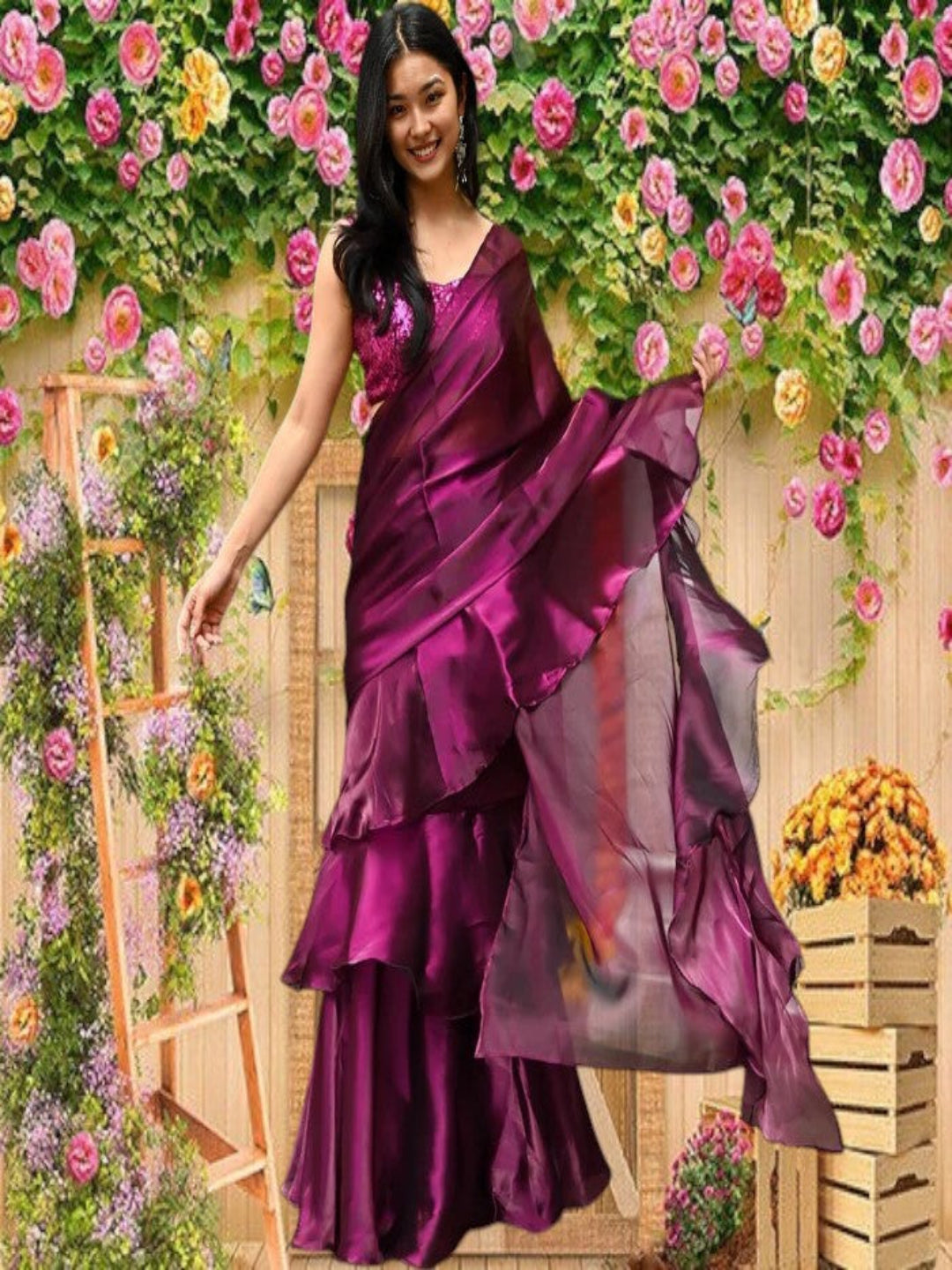 Adaa Bazaar Women's Indo-Western Ready to Wear Saree With Stitched Blouse