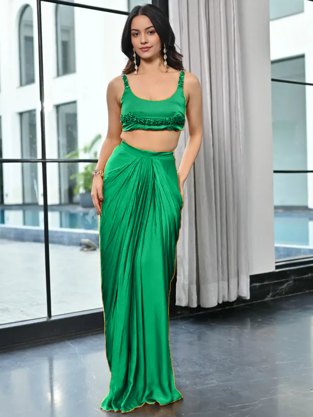Satin drape skirt paired with a hand embroidery blouse for women