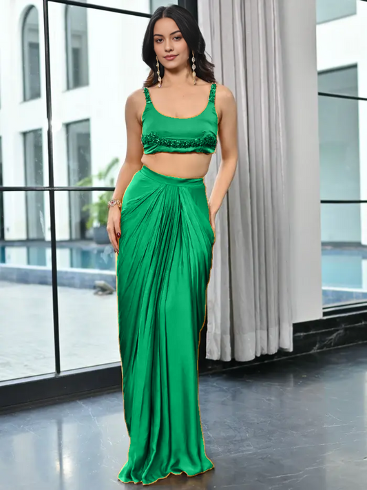 Satin drape skirt paired with a hand embroidery blouse for women