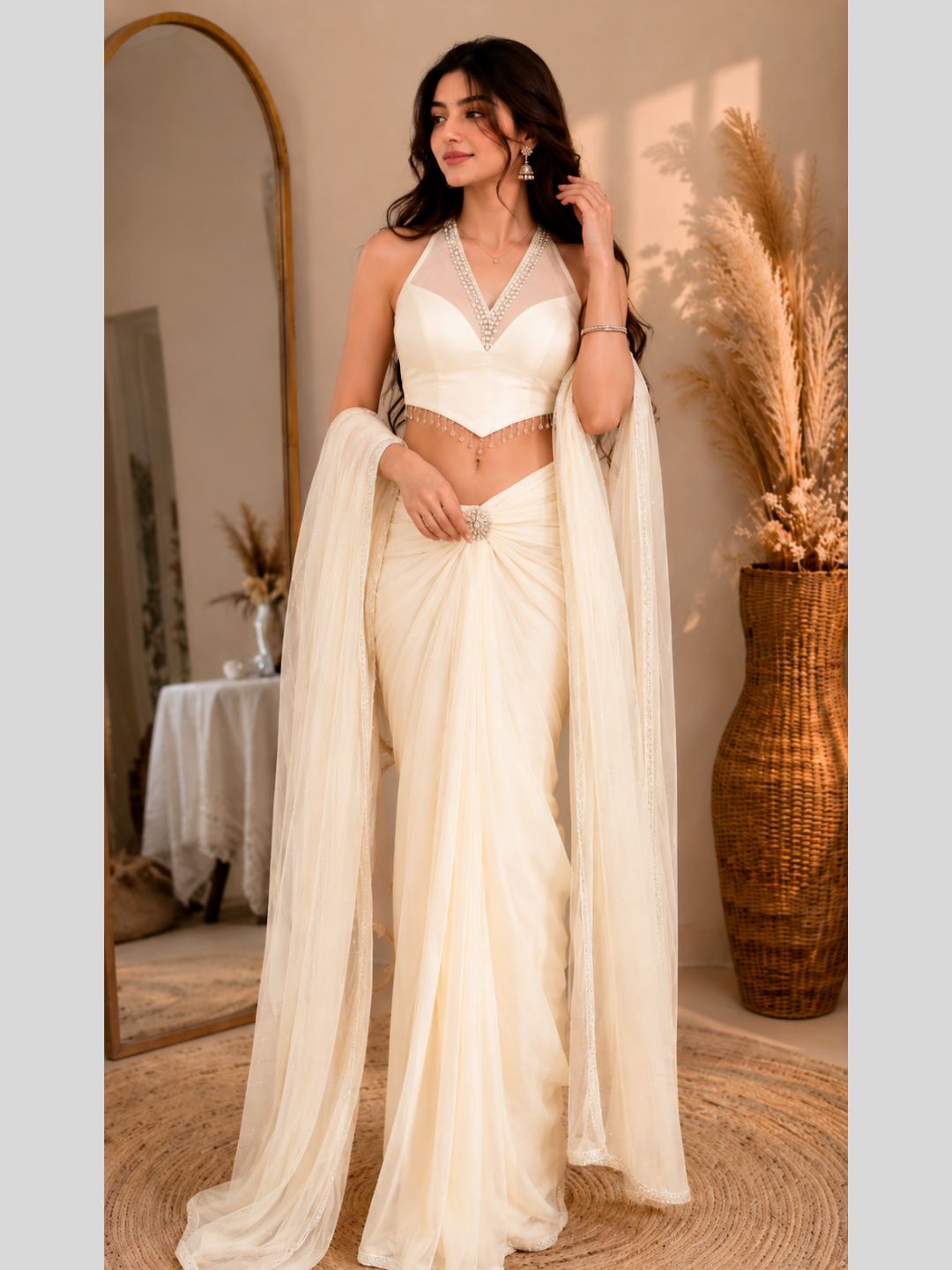Adaa Bazaar Georgette Embellished Pre-Draped Skirt Set with Designer Halter Blouse and Dupatta.