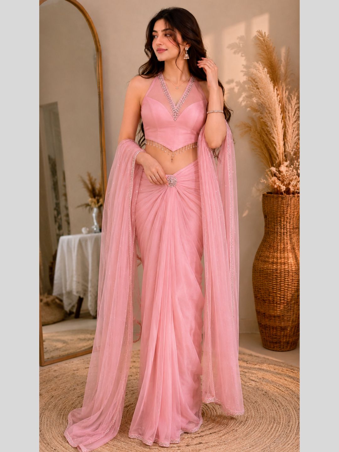 Adaa Bazaar Georgette Embellished Pre-Draped Skirt Set with Designer Halter Blouse and Dupatta.