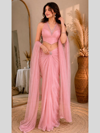 Adaa Bazaar Georgette Embellished Pre-Draped Skirt Set with Designer Halter Blouse and Dupatta.
