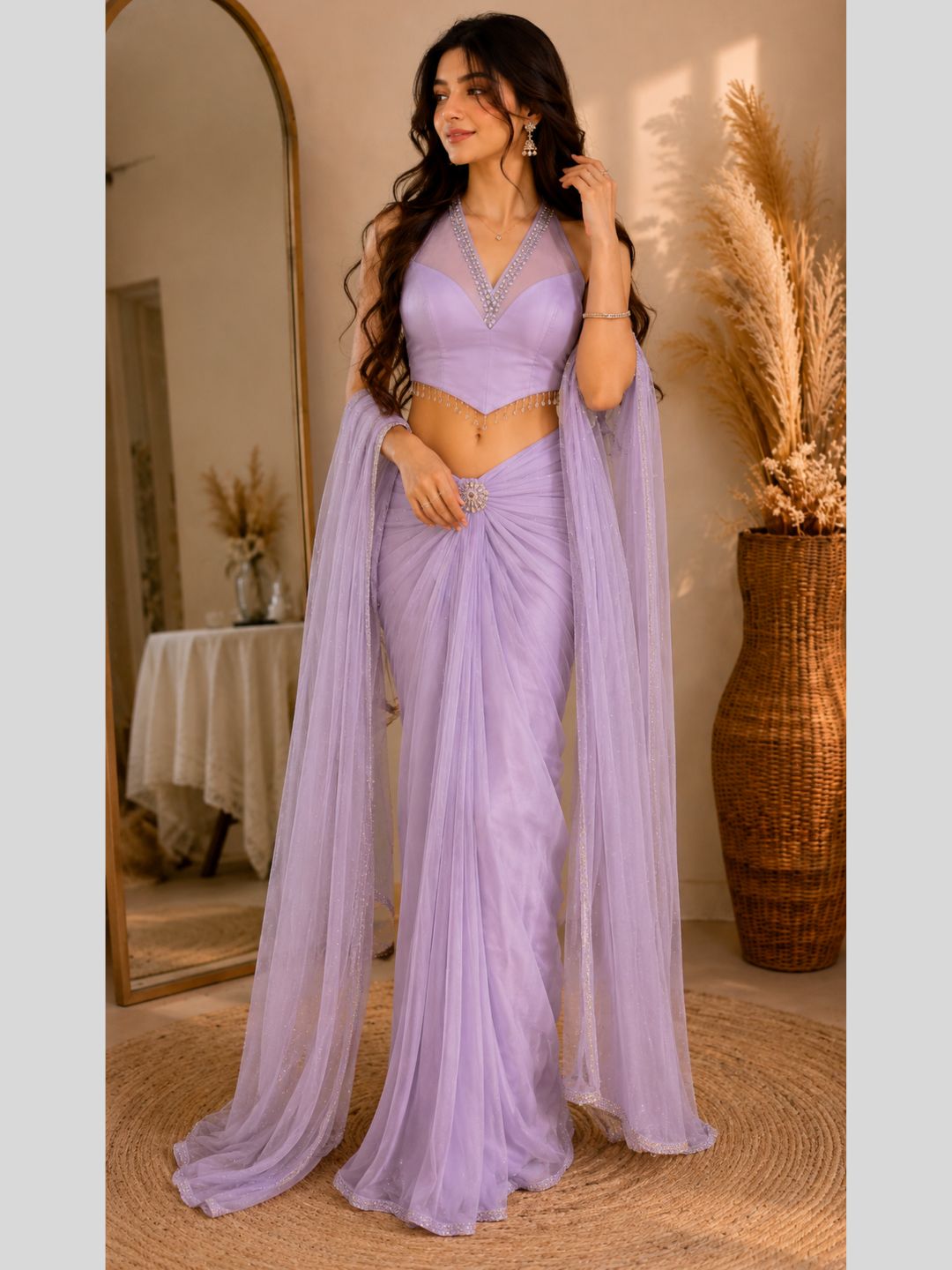 Adaa Bazaar Georgette Embellished Pre-Draped Skirt Set with Designer Halter Blouse and Dupatta.