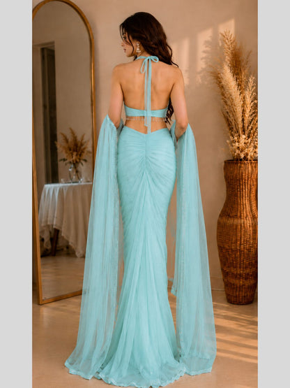 Adaa Bazaar Georgette Embellished Pre-Draped Skirt Set with Designer Halter Blouse and Dupatta.