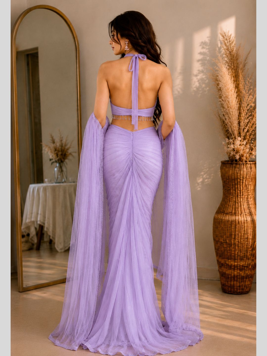 Adaa Bazaar Georgette Embellished Pre-Draped Skirt Set with Designer Halter Blouse and Dupatta.