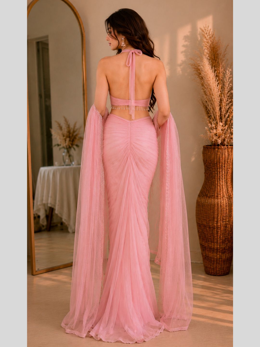 Adaa Bazaar Georgette Embellished Pre-Draped Skirt Set with Designer Halter Blouse and Dupatta.