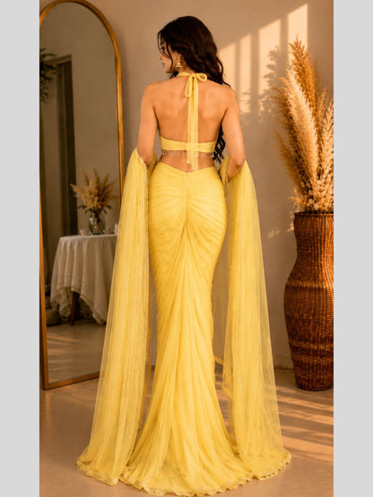 Adaa Bazaar Georgette Embellished Pre-Draped Skirt Set with Designer Halter Blouse and Dupatta.