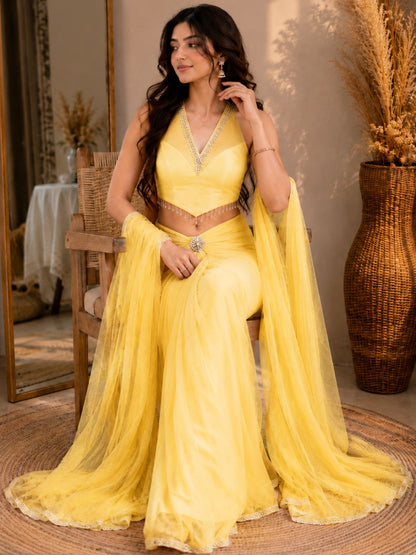Adaa Bazaar Georgette Embellished Pre-Draped Skirt Set with Designer Halter Blouse and Dupatta.