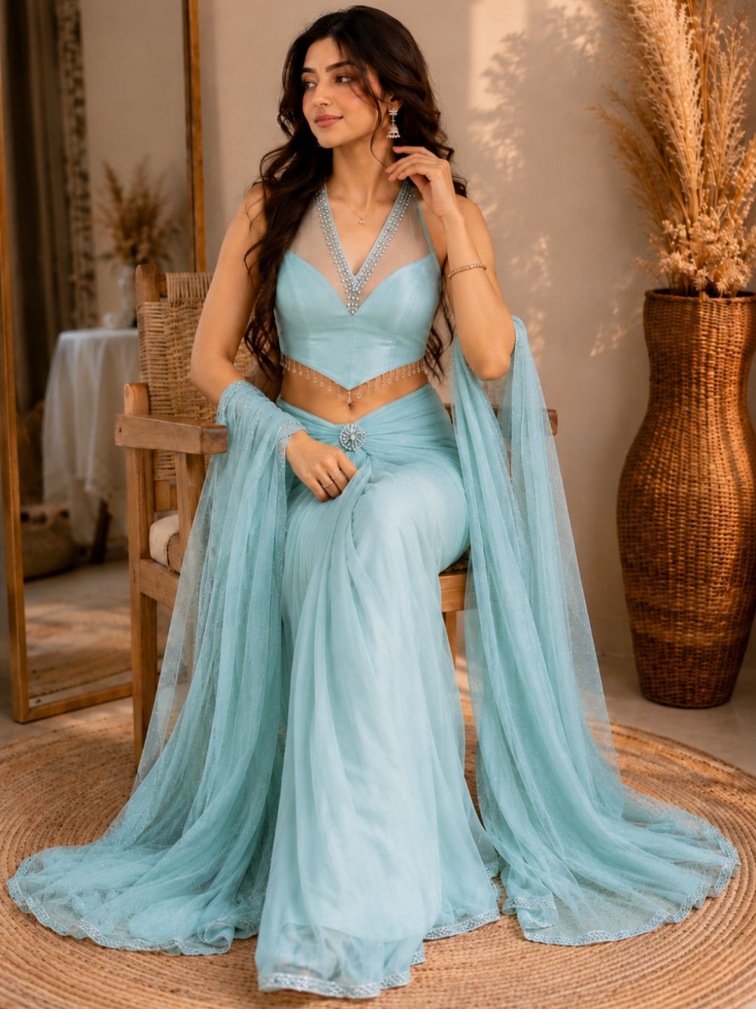 Adaa Bazaar Georgette Embellished Pre-Draped Skirt Set with Designer Halter Blouse and Dupatta.