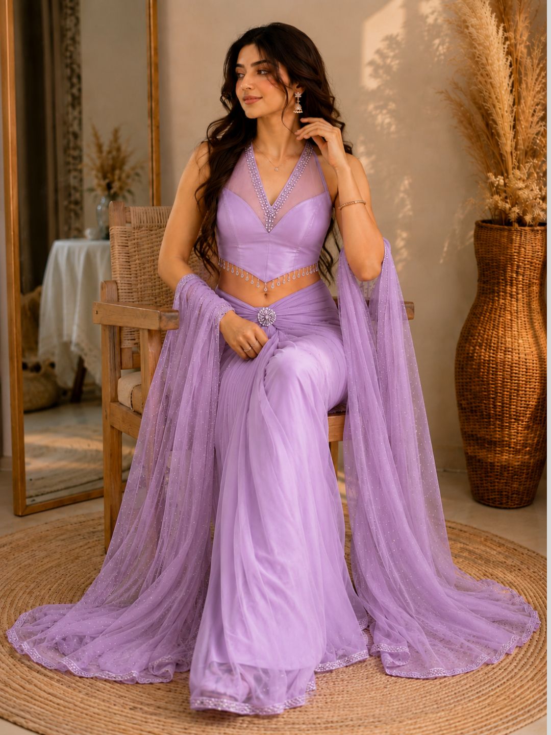 Adaa Bazaar Georgette Embellished Pre-Draped Skirt Set with Designer Halter Blouse and Dupatta.