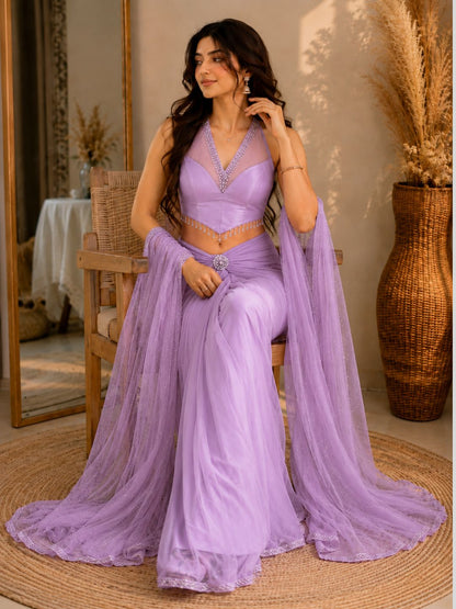 Adaa Bazaar Georgette Embellished Pre-Draped Skirt Set with Designer Halter Blouse and Dupatta.