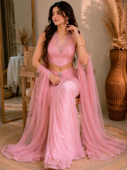 Adaa Bazaar Georgette Embellished Pre-Draped Skirt Set with Designer Halter Blouse and Dupatta.