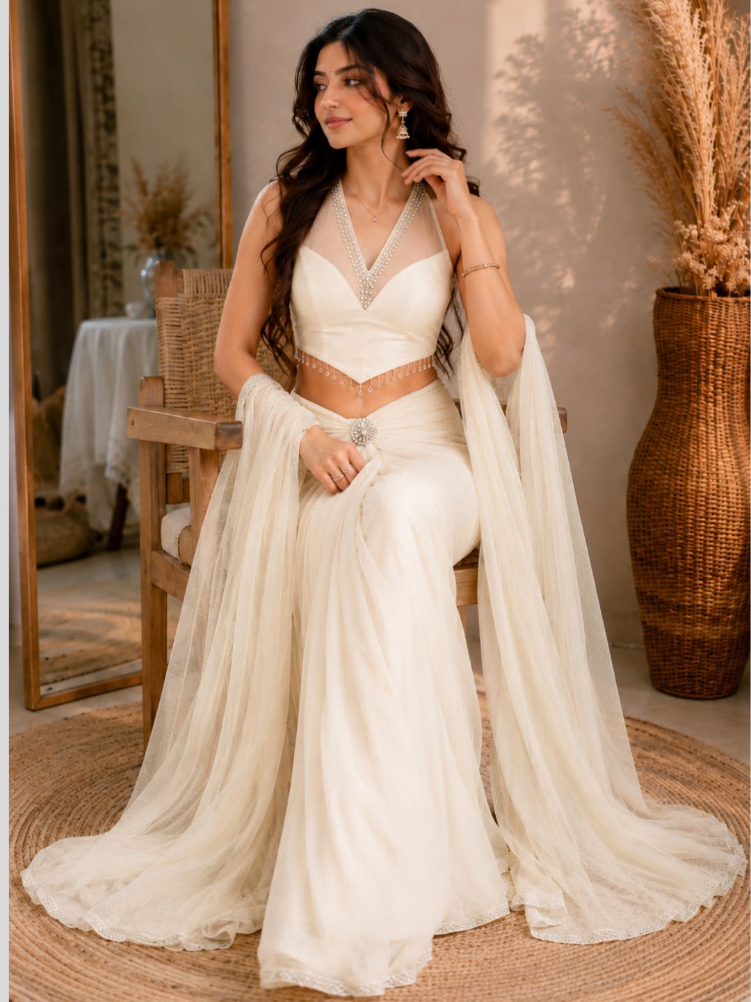 Adaa Bazaar Georgette Embellished Pre-Draped Skirt Set with Designer Halter Blouse and Dupatta.