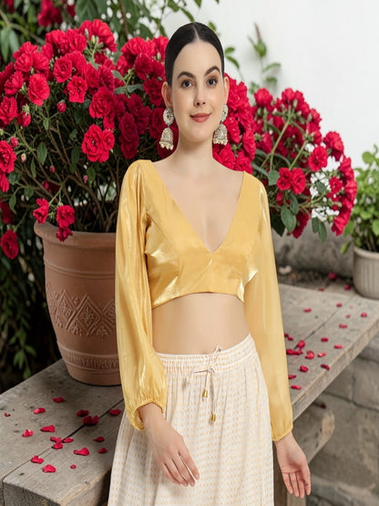 Adaa Bazaar Women's Readymade Golden Blouse With Full Sleeves V Neckline