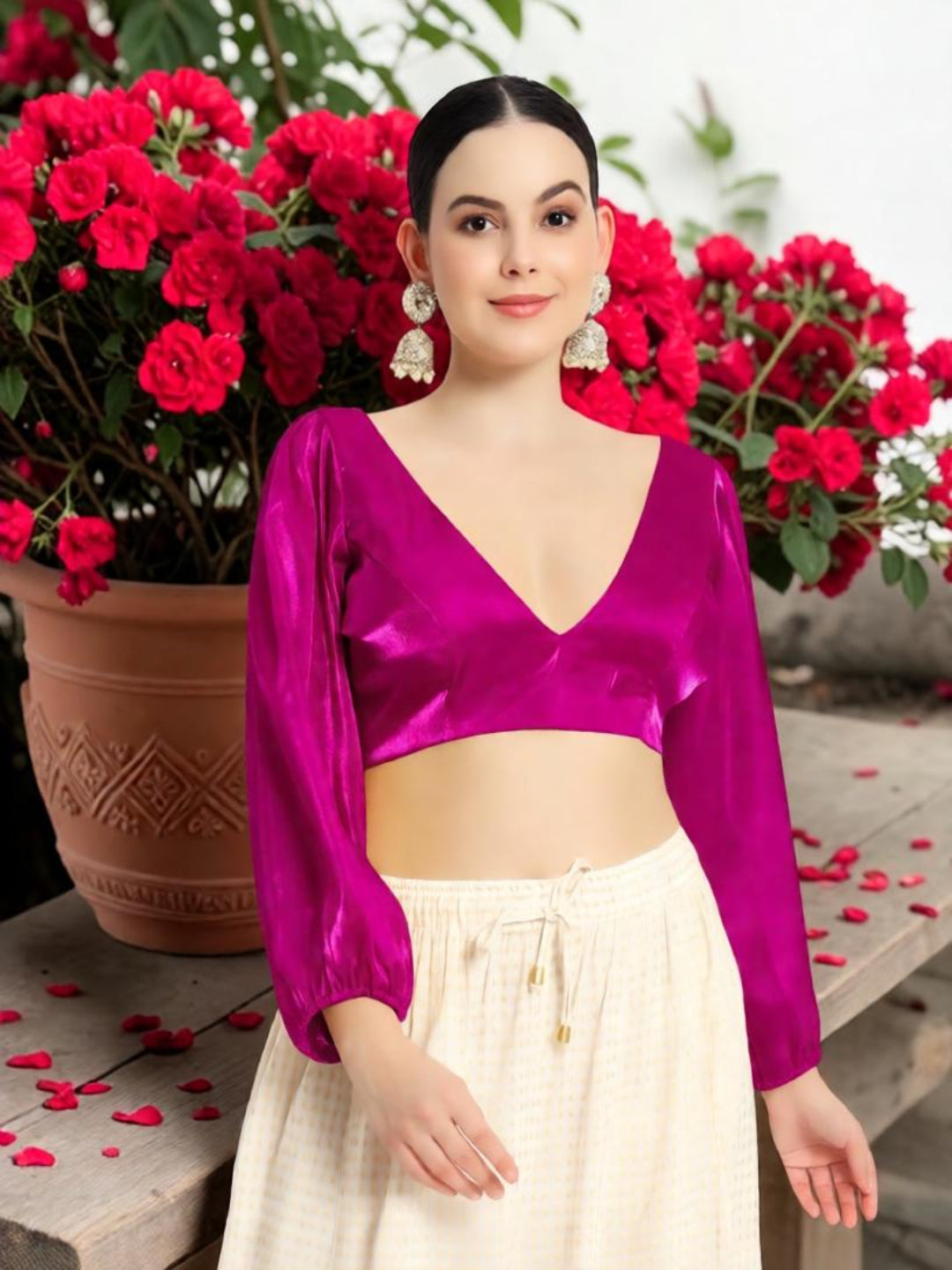 Magenta V neck full sleevs Blouse with organza fabric