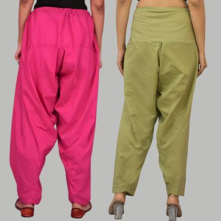 Adaa Bazaar Women's Cotton Patiala Salwar Olive Green and Magenta Pink