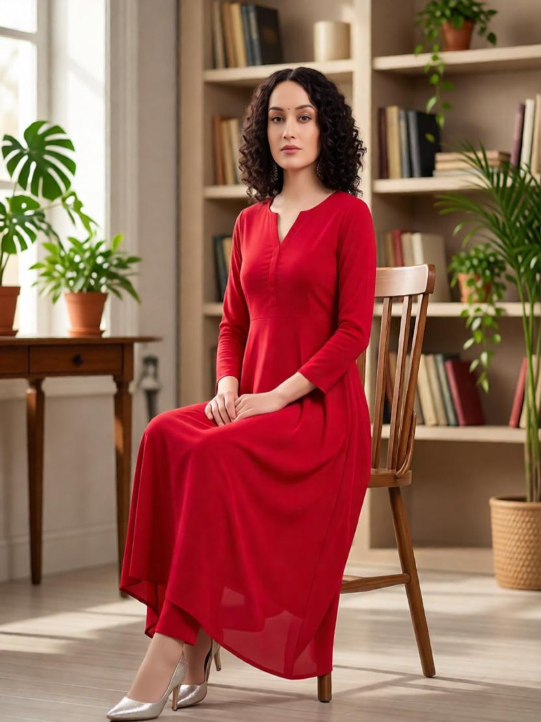 Adaa Bazaar Women’s A-Line Kurti and Pant set Red Colour