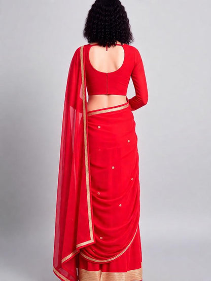 Adaa Bazaar Women's Red Ready-To-Wear Saree with stitched blouse