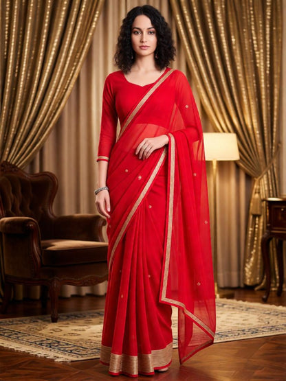 Adaa Bazaar Women's Red Ready-To-Wear Saree with stitched blouse